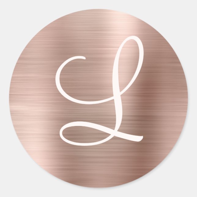 Chic Rose Gold gebürstetes Metallrosa Monogramm Runder Aufkleber (Vorderseite)