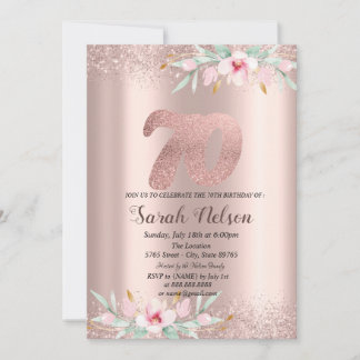 Chic Rose Gold Glitzer Aquarell Blume 70. Einladung