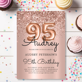 Chic Rose Gold Glitzer Ballon 95. Geburtstag Einladung