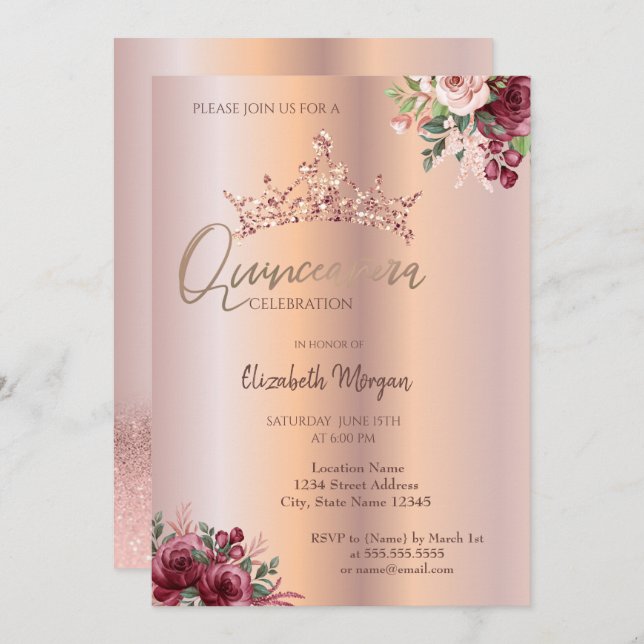 Chic Rose Gold Glitzer Blume Crown Quinceañera Einladung (Vorne/Hinten)