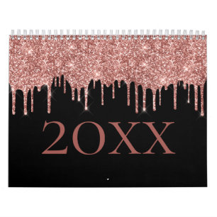Chic Rose Gold Glitzer Blush Monogram Name Black Kalender