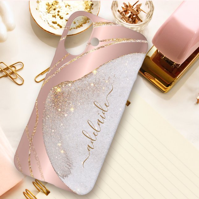 Chic Rose Gold Glitzer Brushed Metal Monogram Name Case-Mate iPhone Hülle (Von Creator hochgeladen)