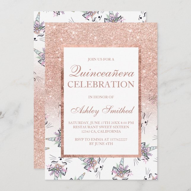 Chic Rose Gold Glitzer Caticorns Quinceañera Einladung (Vorne/Hinten)