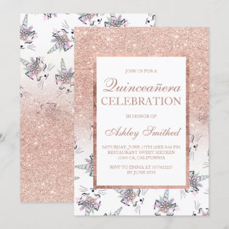 Chic Rose Gold Glitzer Caticorns Quinceañera Einladung