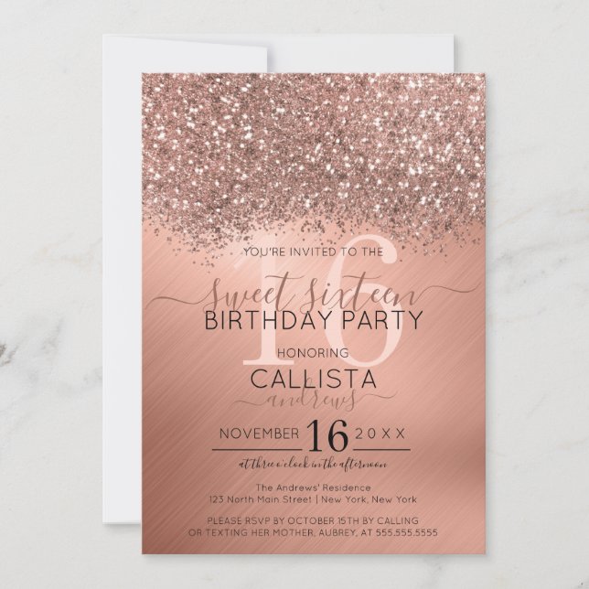Chic Rose Gold Glitzer Confetti Metallic Sweet 16 Einladung (Vorderseite)
