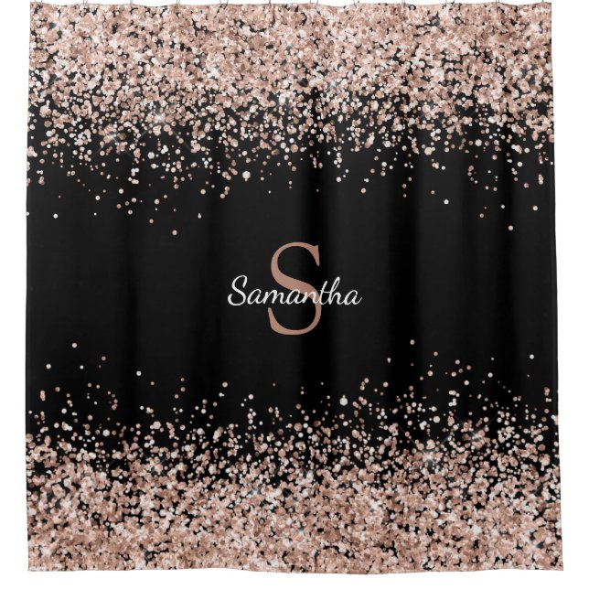 Chic Rose Gold Glitzer Confetti Monogram Black Duschvorhang (Vorderseite)