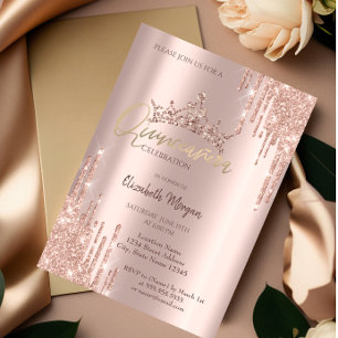 Chic Rose Gold Glitzer Crown Drop Quinceañera Einladung