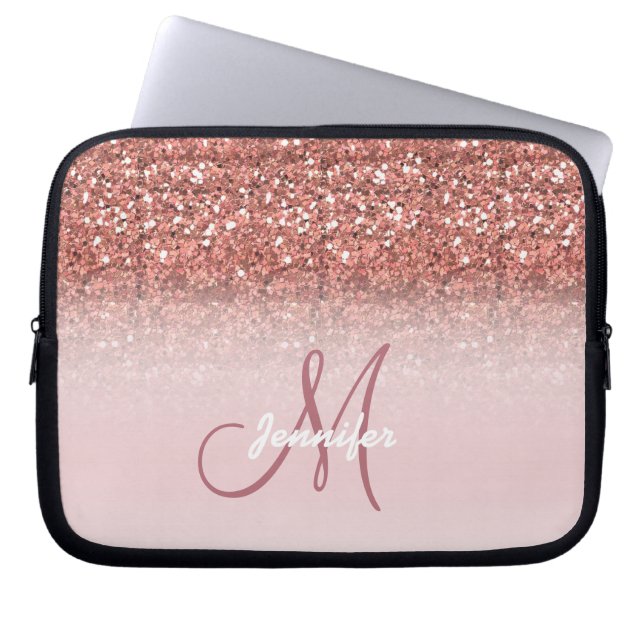 Chic Rose Gold Glitzer Glitzern Girly Monogram Laptopschutzhülle (Vorderseite)