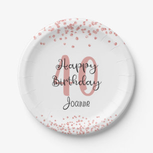 Chic Rose Gold Glitzer GLÜCKLICH 40. GEBURTSTAG Na Pappteller