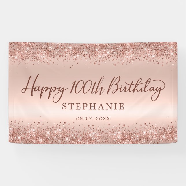 Chic Rose Gold Glitzer Happy 100. Geburtstag Banner (Horizontal)