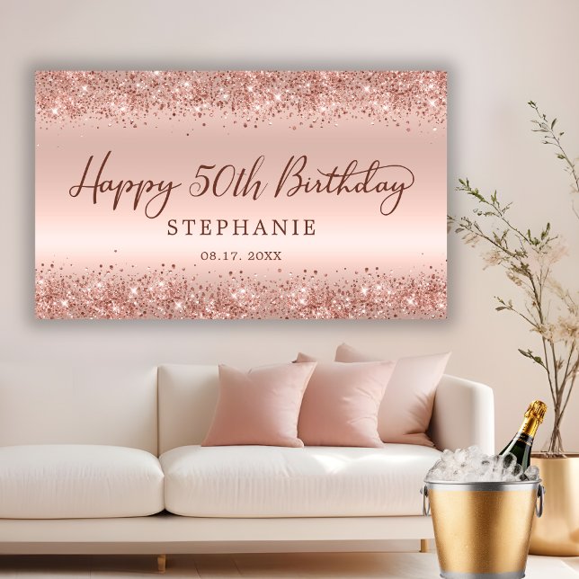 Chic Rose Gold Glitzer Happy 50th Birthday Script Banner (Von Creator hochgeladen)