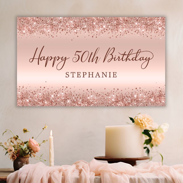 Chic Rose Gold Glitzer Happy 50th Birthday Script Banner (Von Creator hochgeladen)