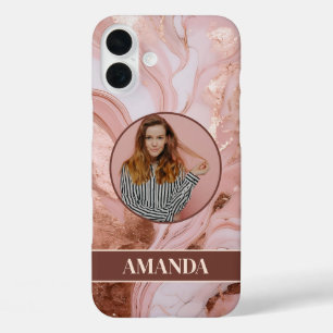Chic Rose Gold Glitzer Marble Foto iPhone 16 Plus Hülle
