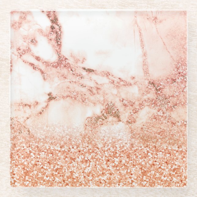 Chic Rose Gold Glitzer Ober rosa Glitzer Marmor Glasuntersetzer (Vorderseite)
