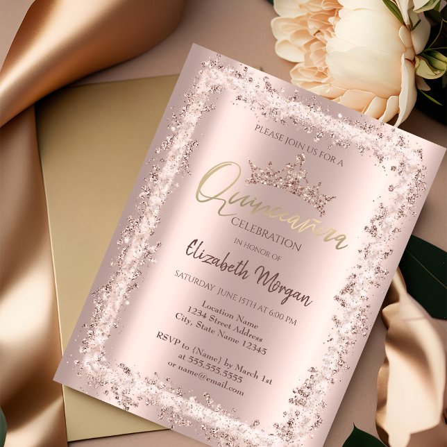 Chic Rose Gold Glitzer Rahmen Crown Quinceañera Einladung (Von Creator hochgeladen)