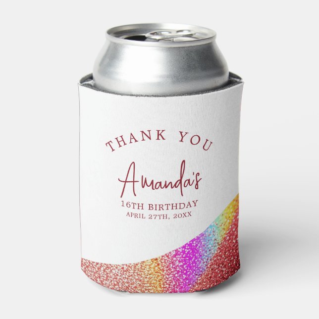Chic Rose Gold Glitzer Regenbogen Sweet 16 Geburts Dosenkühler (Kanne Vorderseite)