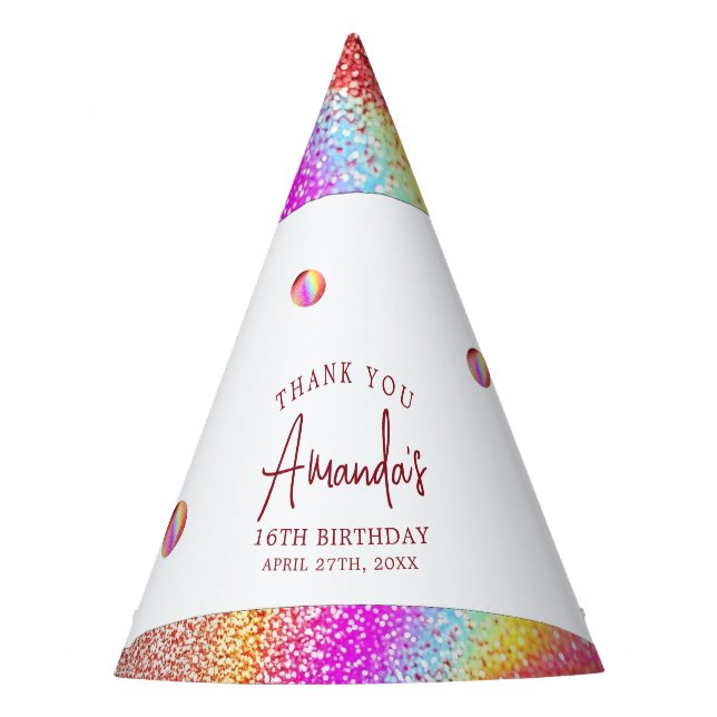 Chic Rose Gold Glitzer Regenbogen Sweet 16 Geburts Partyhütchen (Vorderseite)