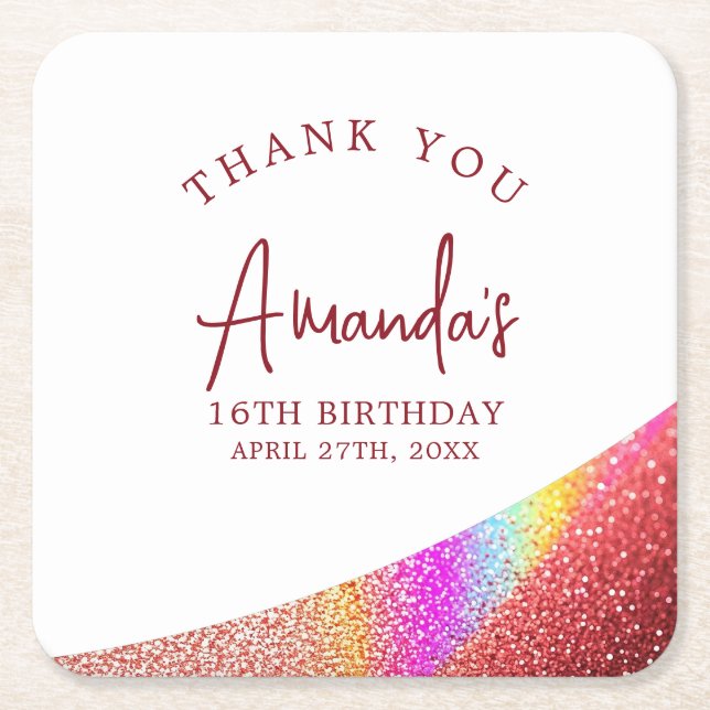 Chic Rose Gold Glitzer Regenbogen Sweet 16 Geburts Rechteckiger Pappuntersetzer (Vorderseite)