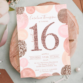 Chic Rose Gold Glitzer Rosa Ballon Sweet 16 Foto Einladung