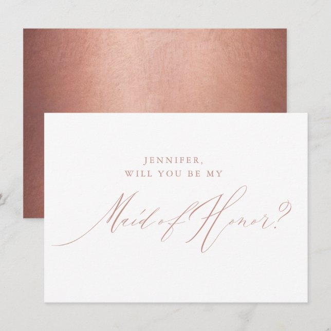 Chic Rose Gold Glitzer Script Weiße Trauzeugin Einladung (Vorne/Hinten)