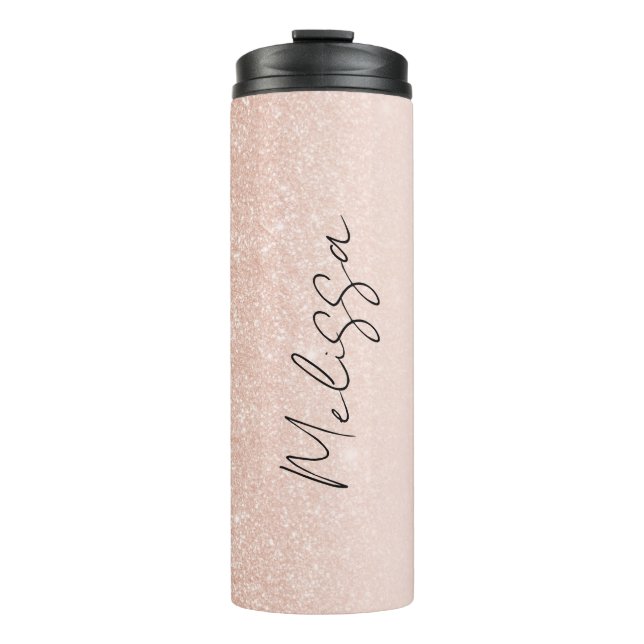Chic Rose Gold Glitzer Signature Script Name Thermosbecher (Vorderseite)