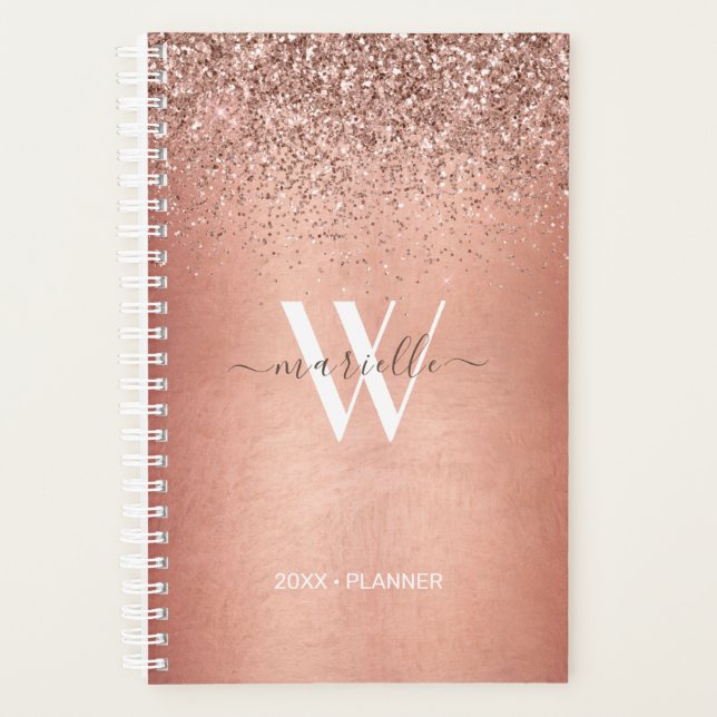 Chic Rose Gold Glitzer Sparkle Monogram Name 2022 Planer (Vorderseite)