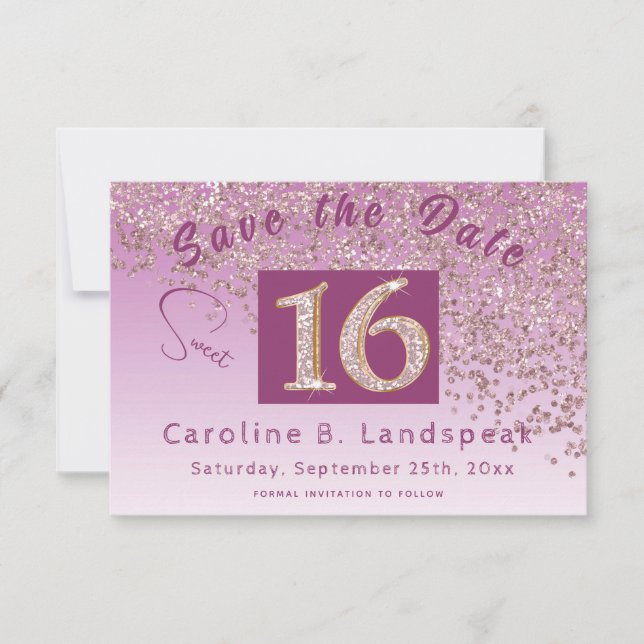 Chic Rose Gold Glitzer Sweet 16 Save The Date (Vorderseite)