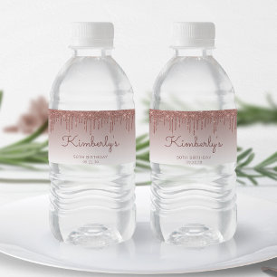 Chic Rose Gold Glitzer Tropfen 50. Geburtstagspart Wasserflaschenetikett