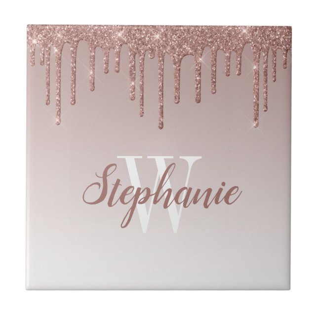 Chic Rose Gold Glitzer Tropfen Monogram Fliese (Vorderseite)