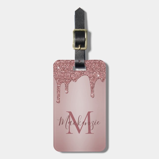 Chic Rose Gold Glitzer Tropfen Monogram Gepäckanhänger (Vorderseite vertikal)