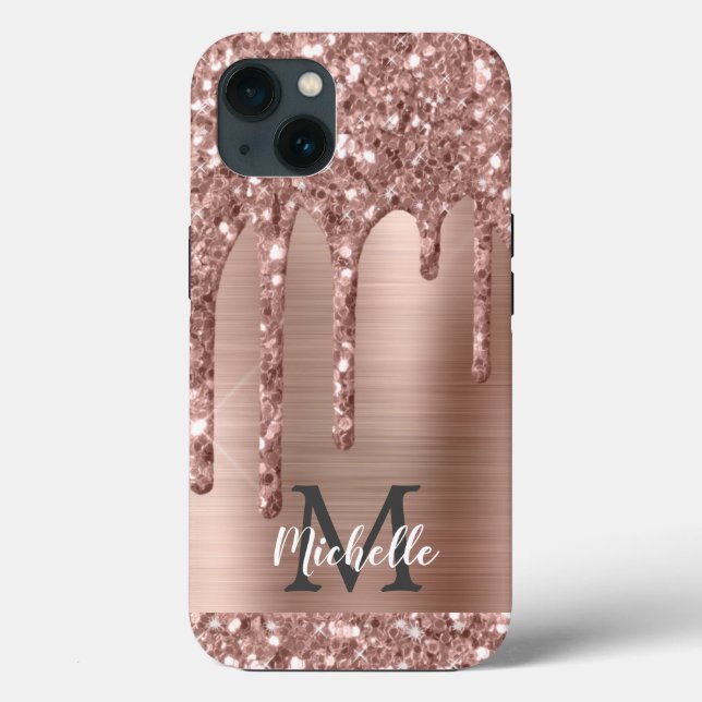 Chic Rose Gold Glitzer Tropfen Monogram Pink Metal Case-Mate iPhone Hülle (Rückseite)