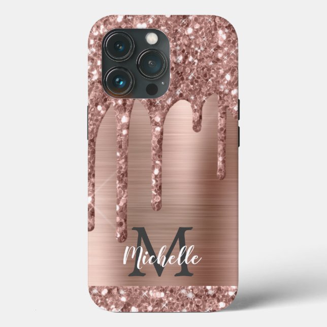 Chic Rose Gold Glitzer Tropfen Monogram Pink Metal Case-Mate iPhone Hülle (Rückseite)
