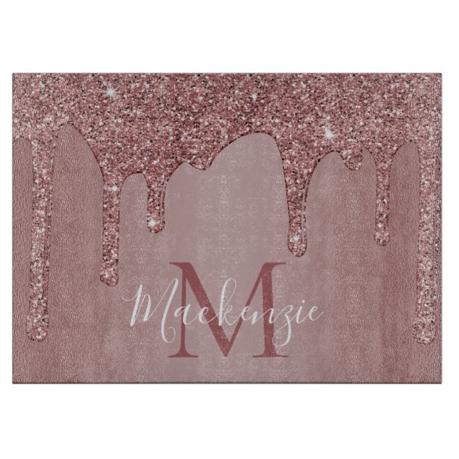 Chic Rose Gold Glitzer Tropfen Monogram Schneidebrett (Vorderseite)