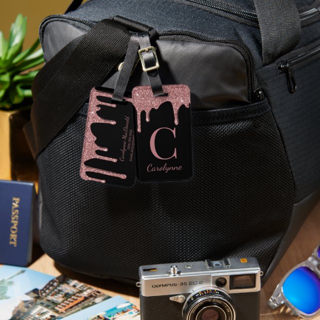 Chic Rose Gold Glitzer Tropfen Monogramm auf Schwa Gepäckanhänger (Vorderseite & Rückseite)