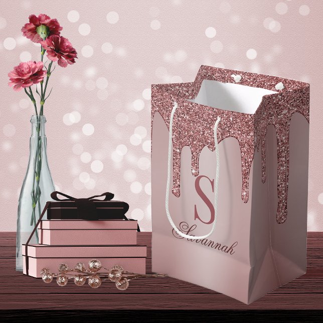 Chic Rose Gold Glitzer Tropfen Sparkone Monogramm Mittlere Geschenktüte (Von Creator hochgeladen)