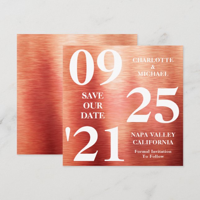 Chic Rose Gold Metal Shimmer Moderne Save the Date Einladung (Vorne/Hinten)
