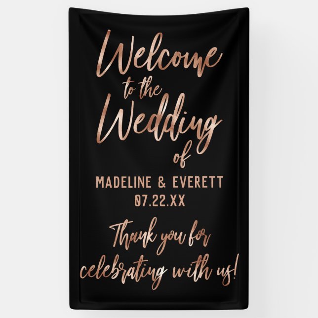 Chic Rose Gold Moderne Typografie Hochzeit Willkom Banner (Vertikal)