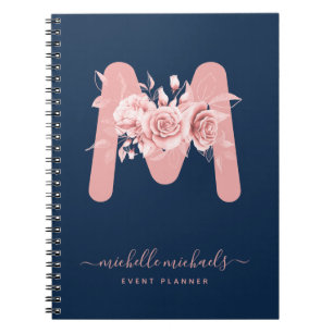 Chic Rose Gold Navy Floral Watercolor Monogramm Notizblock