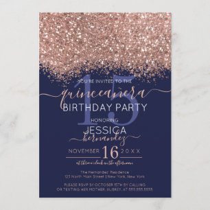Chic Rose Gold Navy Glitzer Confetti Quinceañera Einladung