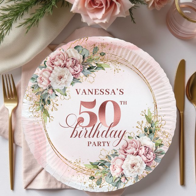 Chic Rose Gold Peony 50th Birthday Party Plates Pappteller (Chic Rose Gold Peony 50th Birthday Party Plates)