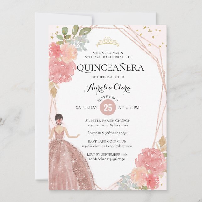 Chic Rose Gold Pink Floral Geometric Quinceañera I Einladung (Vorderseite)