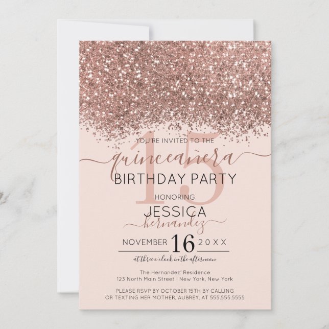 Chic Rose Gold Pink Glitzer Confetti Quinceañera Einladung (Vorderseite)