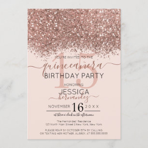 Chic Rose Gold Pink Glitzer Confetti Quinceañera Einladung