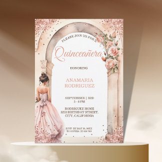 Chic Rose Gold Quinceañera Dress Floral Arch Foto Einladung