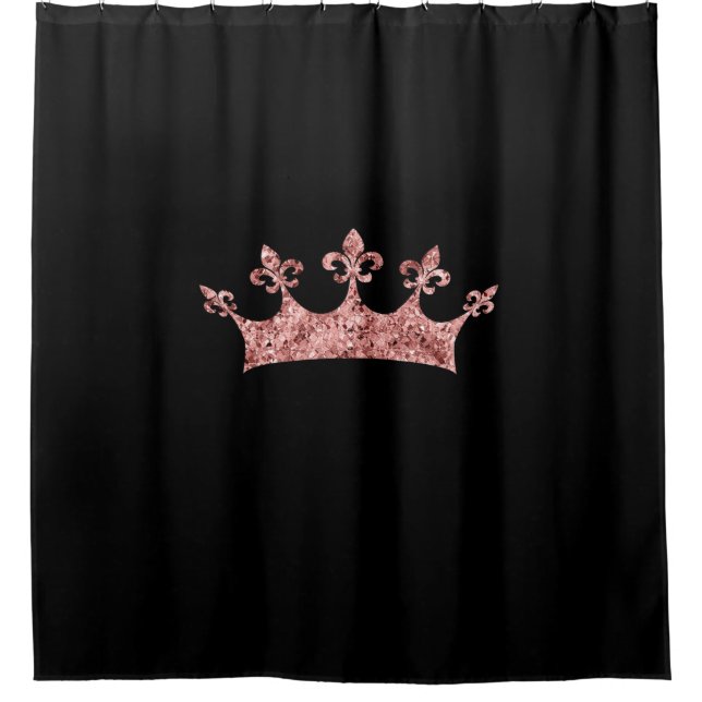 Chic Rose Gold Shimmer Princess Crown auf Black Duschvorhang (Vorderseite)