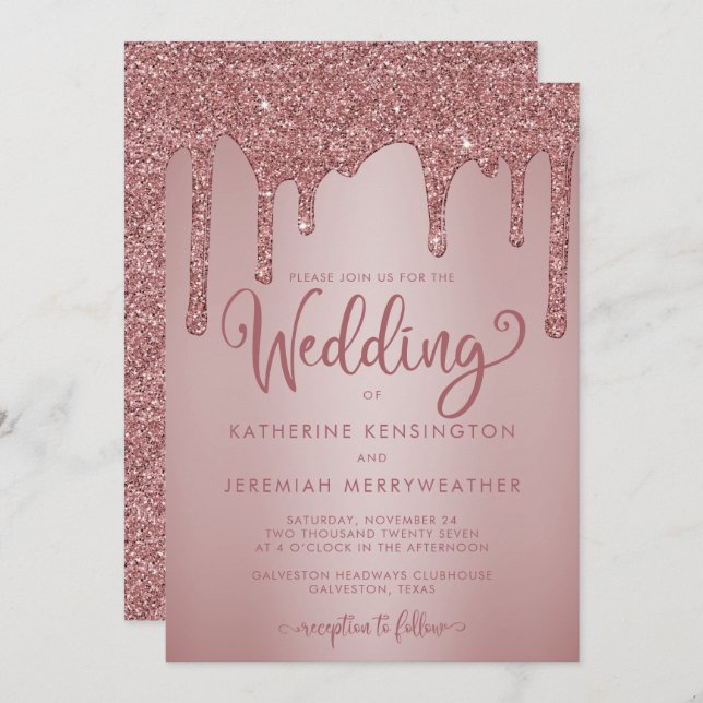 Chic Rose Gold Sparkle Dripping Glitzer Wedding Einladung (Vorne/Hinten)