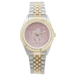 Chic Rose Gold Sparkle Glitzer Tropfen Monogram Armbanduhr