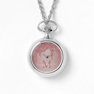 Chic Rose Gold Sparkle Glitzer Tropfen Monogram Armbanduhr