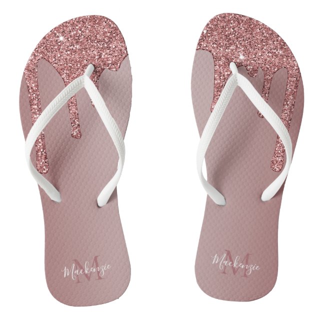 Chic Rose Gold Sparkle Glitzer Tropfen Monogram Flip Flops (Fußbett)