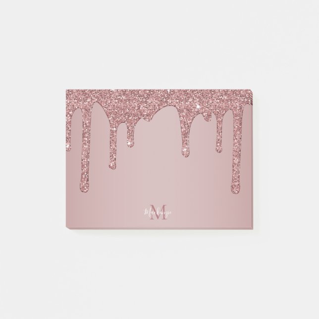 Chic Rose Gold Sparkle Glitzer Tropfen Monogram Post-it Klebezettel (Vorderseite)